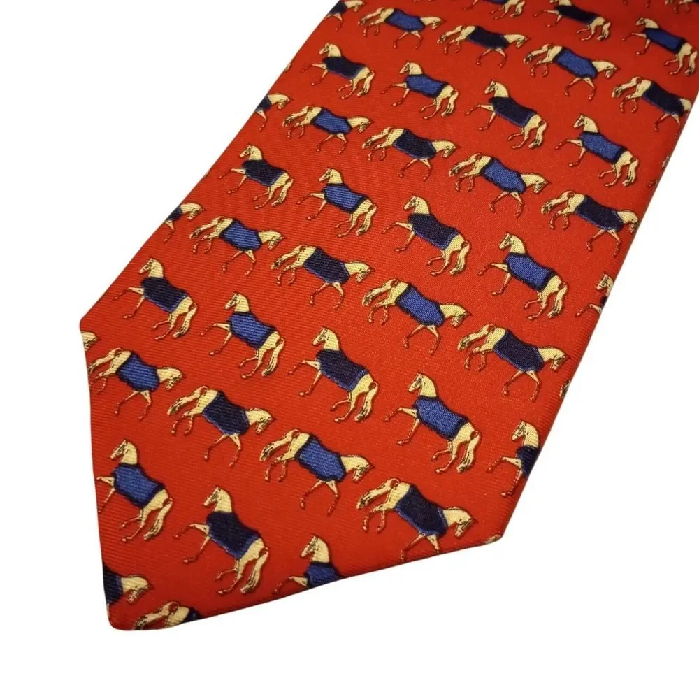 Brooks Brothers Makers Mens Red Silk Equestrian Horse Print Tie Hand Made‎ USA